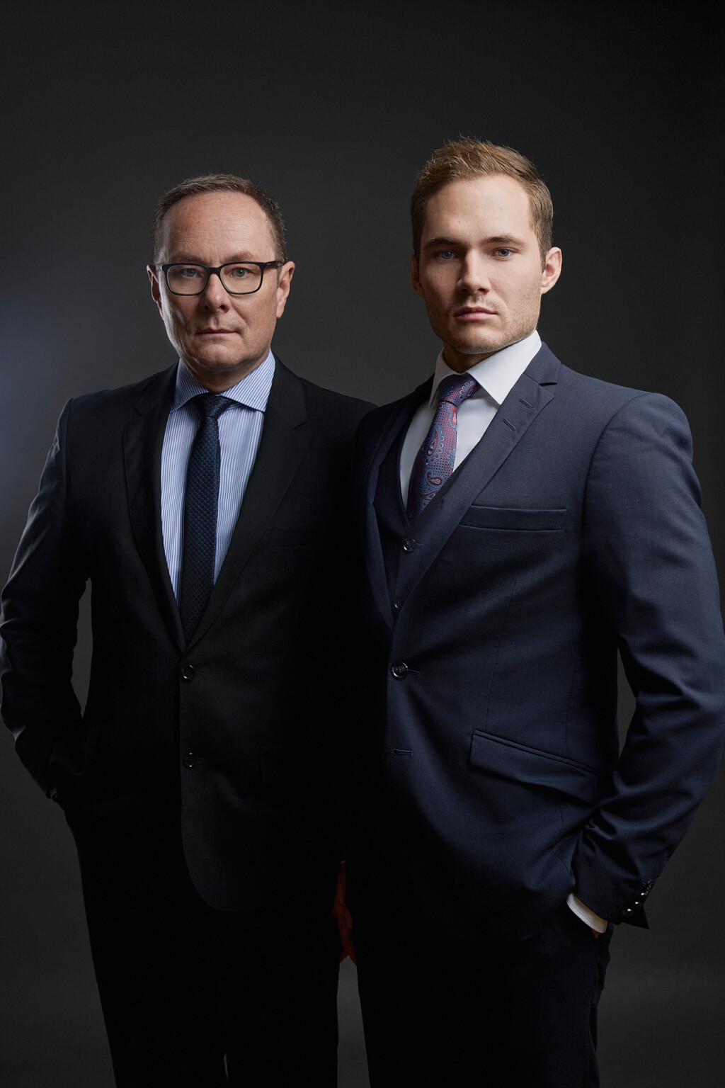 Two businessmen in suits, partner portrait for a company, photo studio Frankfurt