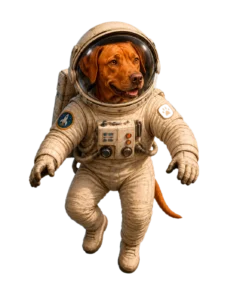 Kenzo, der Studiohund des Arthouse Studio, als Astronaut