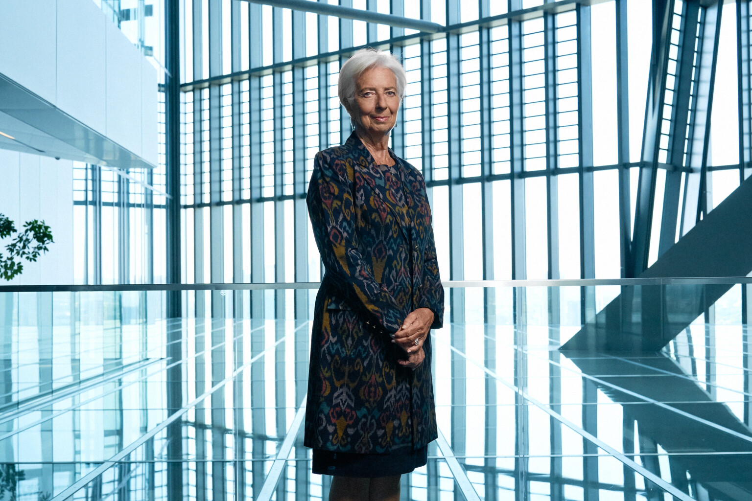 Christine Lagarde in front of the glass facade of the ECB, executive portrait Frankfurt